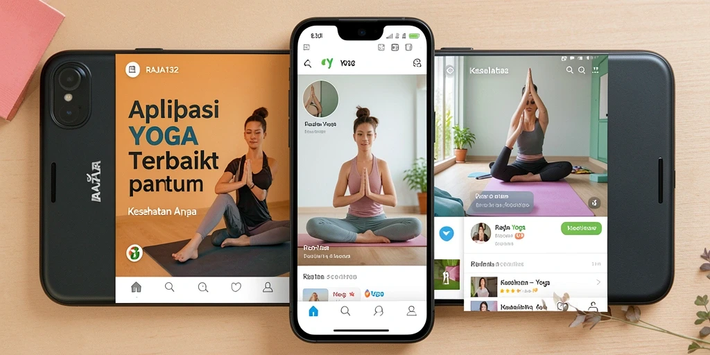 Antarmuka pengguna RAJA132 menampilkan berbagai pose yoga dengan instruksi jelas.